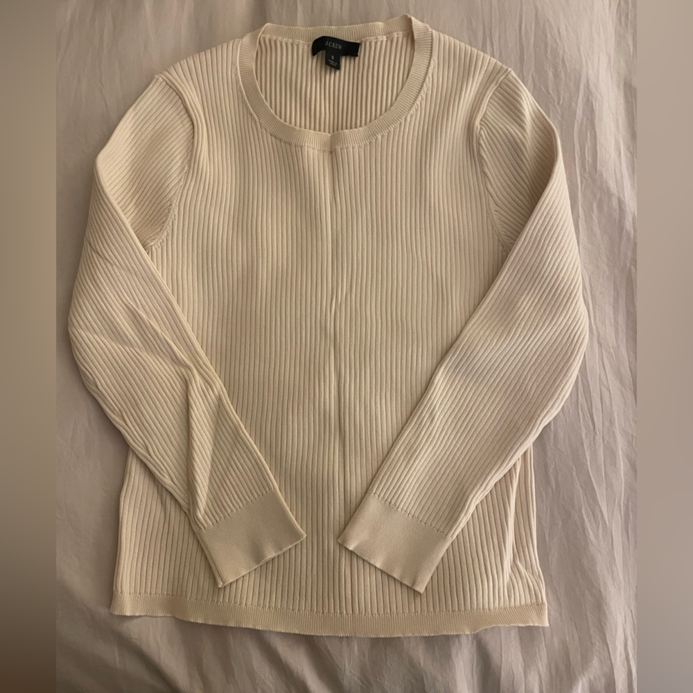 J.Crew Ribbed Sweater Women Small Ivory Viscose Stretch Crew Neck Long Sleeve